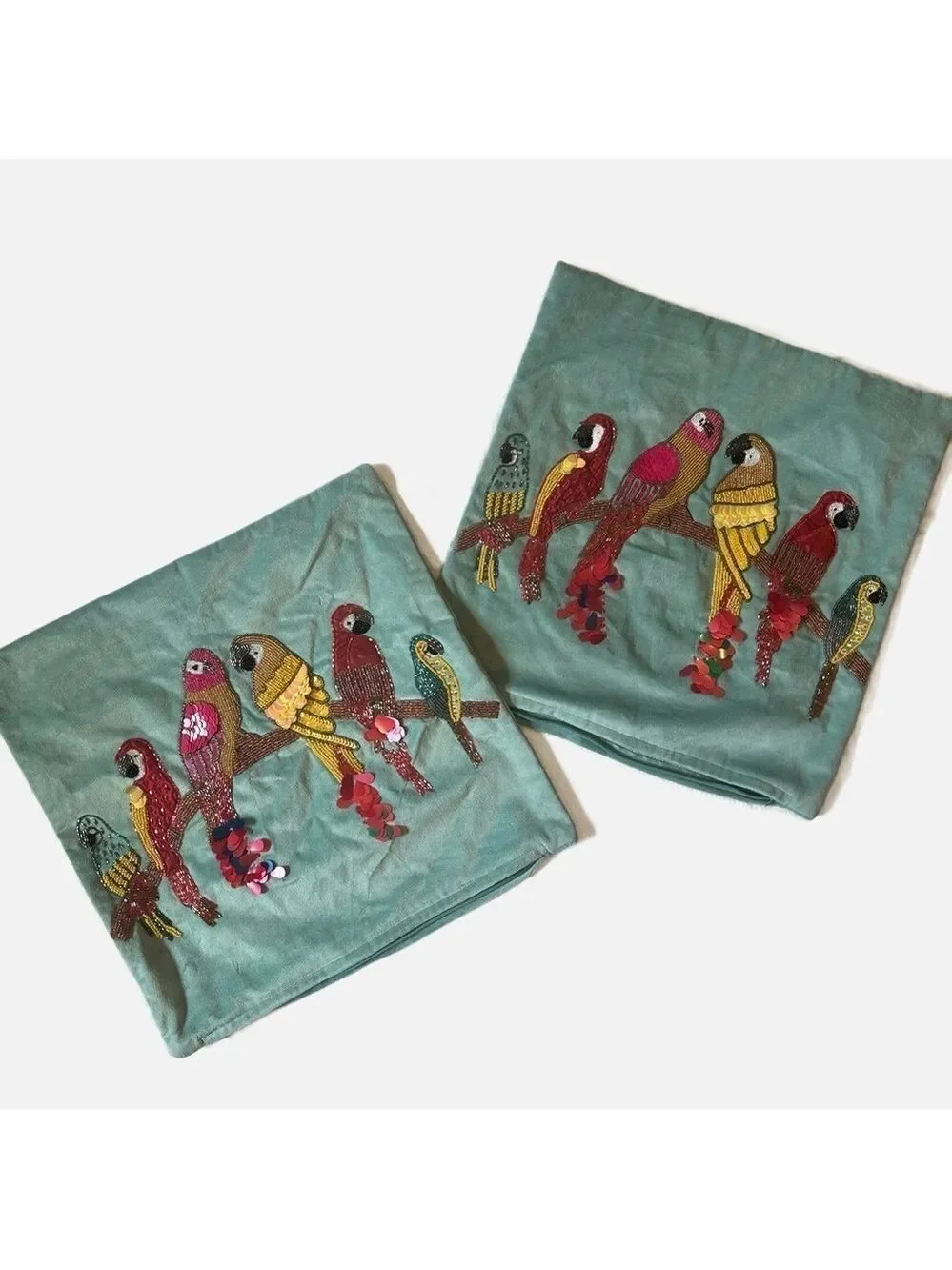 Velvet Aqua Beaded Sequin Pillow Covers Set of 2 Birds Cotton Zipper Closure